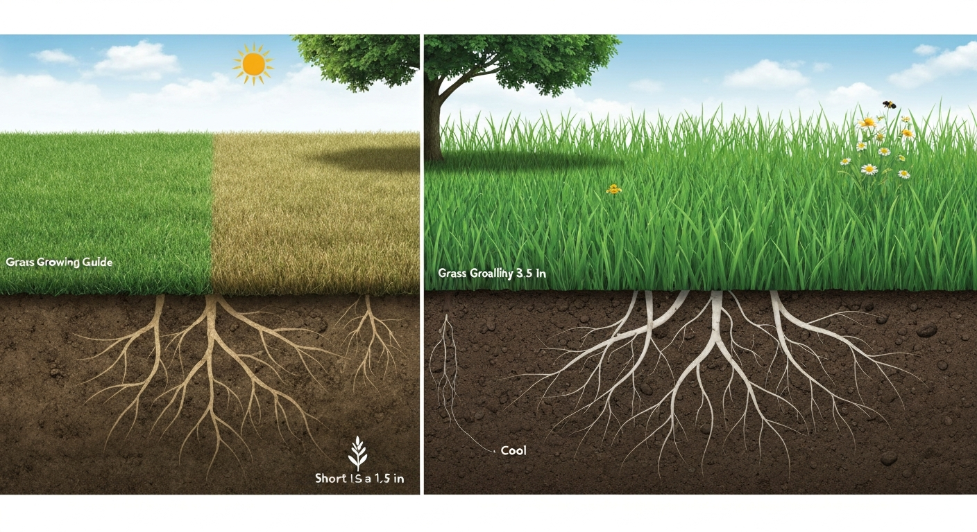 Split-view lawn: short, stressed turf and taller, healthy turf with visible root cross-sections