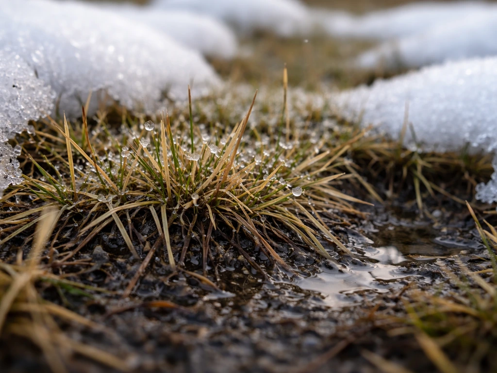 Melting snow reveals dormant grass crowns on a wet lawn, showing protection and thaw risk.