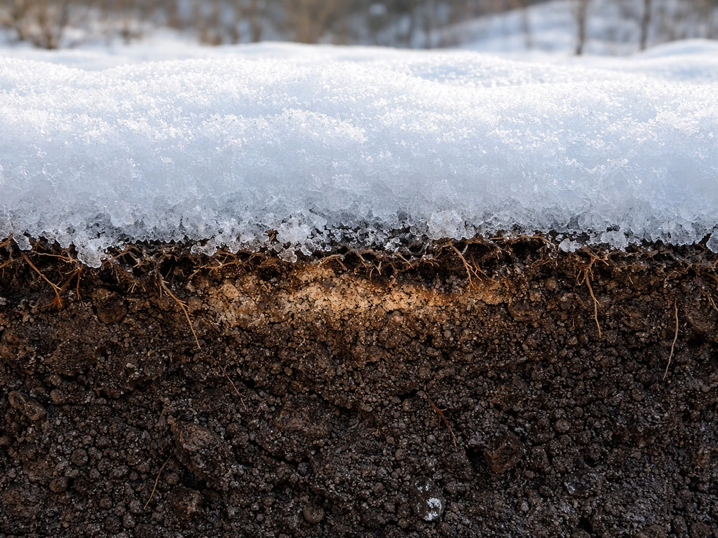 Cut-away winter ground showing snow insulating soil and trapped air between snow crystals.
