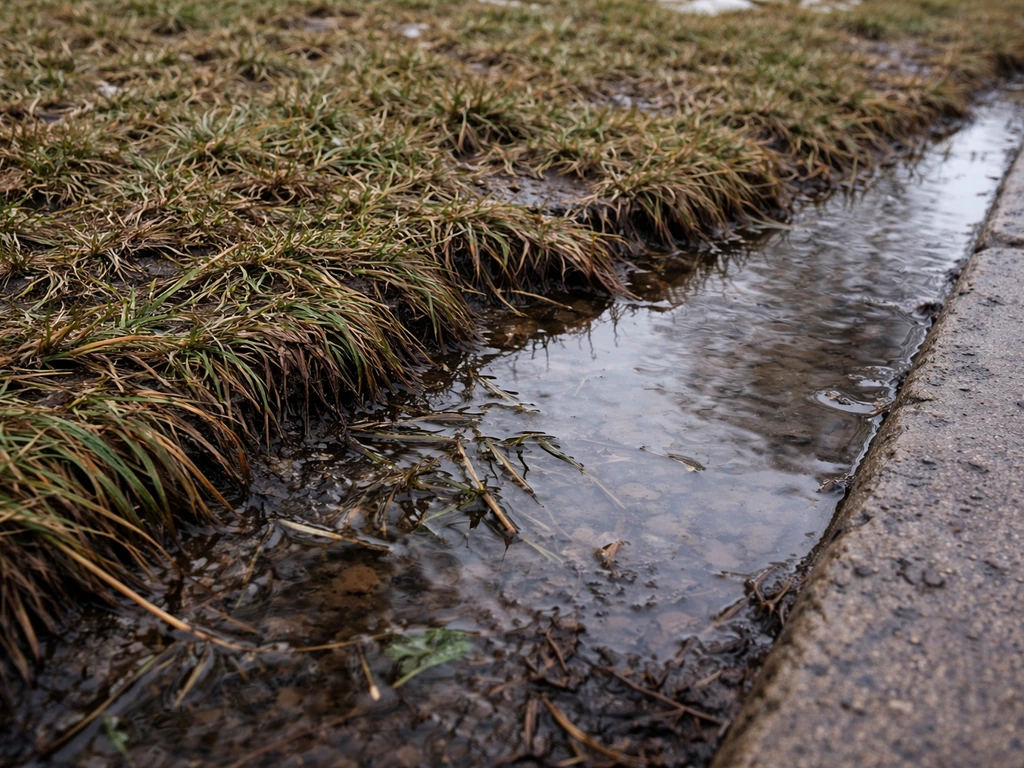 Waterlogged lawn with standing meltwater and saturated grass after snow melts