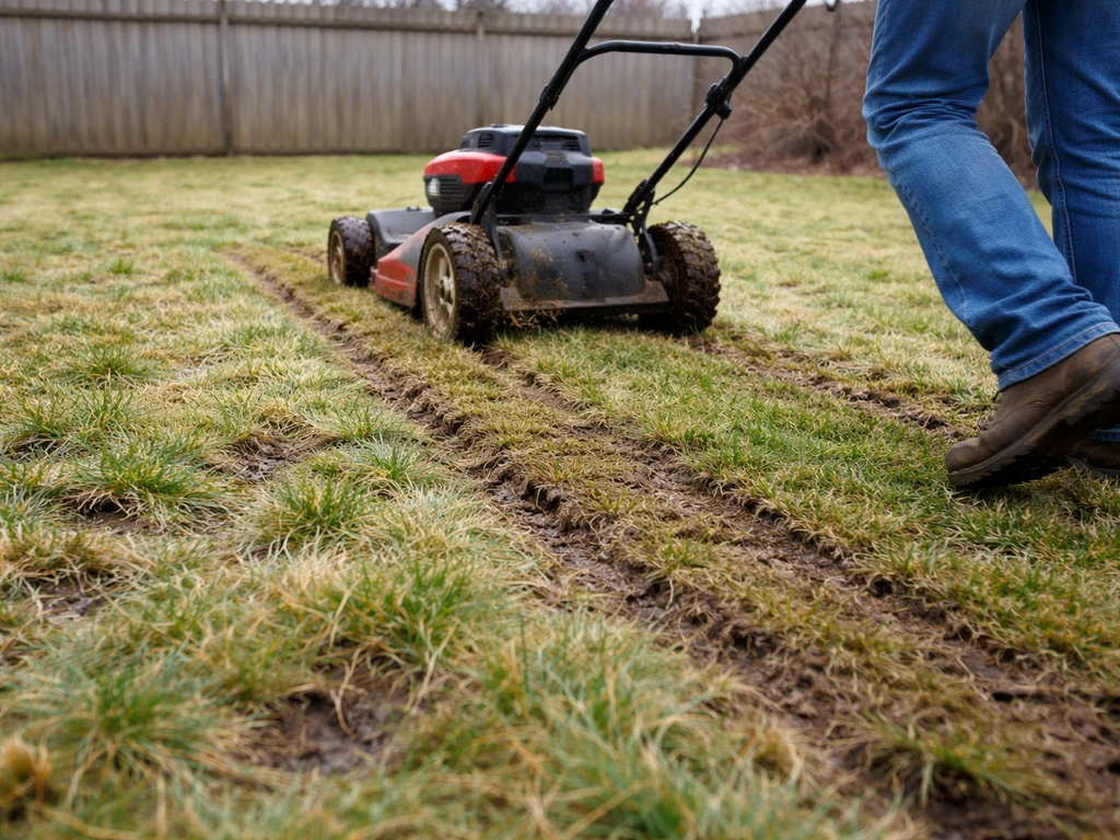 Walk-behind mower pushing into damp thawing grass, leaving ruts and torn blades.