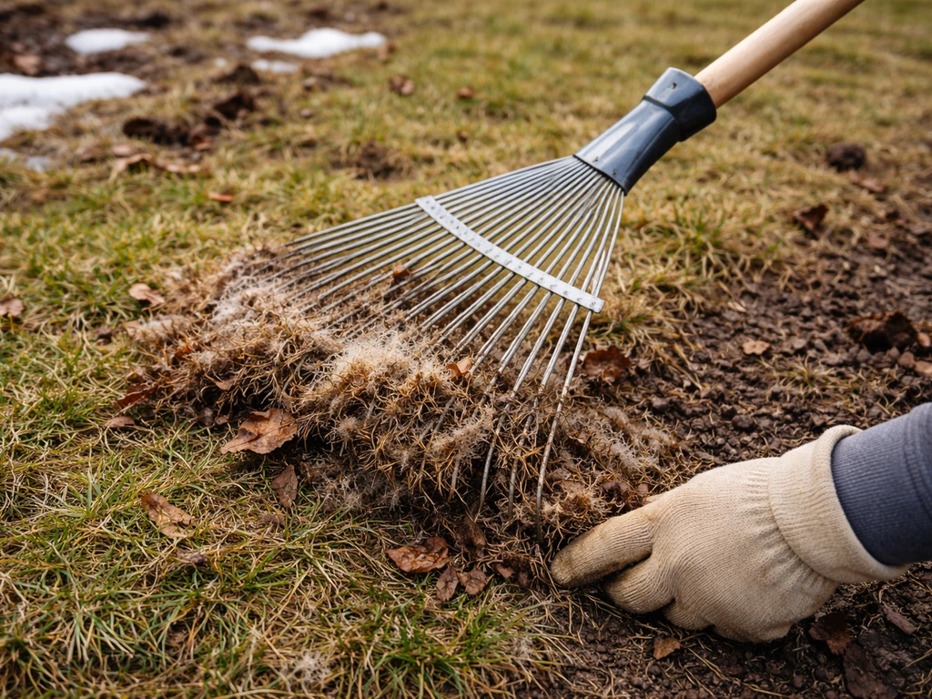Gloved hand raking a thawed early-spring lawn, lifting matted debris from snow mold.