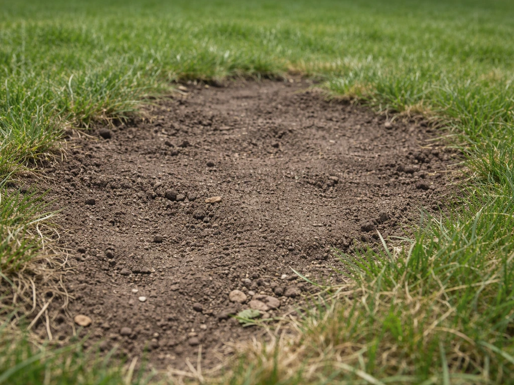 Close-up of a bare lawn patch with exposed soil and worn edges from footprints in a backyard.