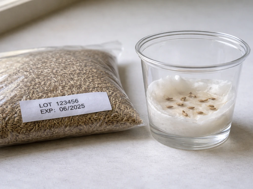 Close-up of grass seed bag beside a clear cup with moist paper towel for a germination test