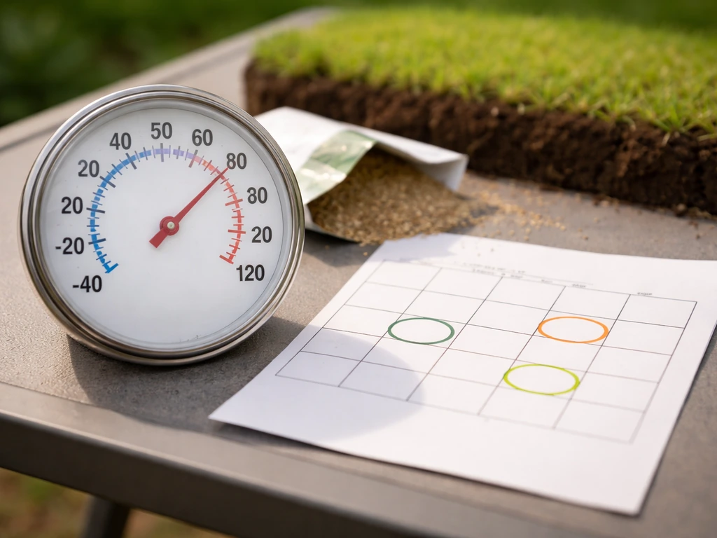 Close-up of a lawn-repair thermometer next to a simple date-marked calendar for cool- vs warm-season seeding timing.