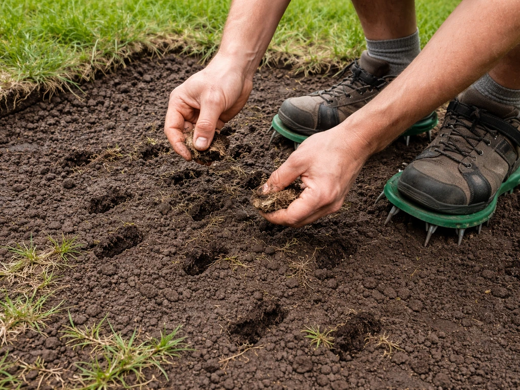 Man working with lawn aerator shoes on bare soil, plugs removed showing exposed cores