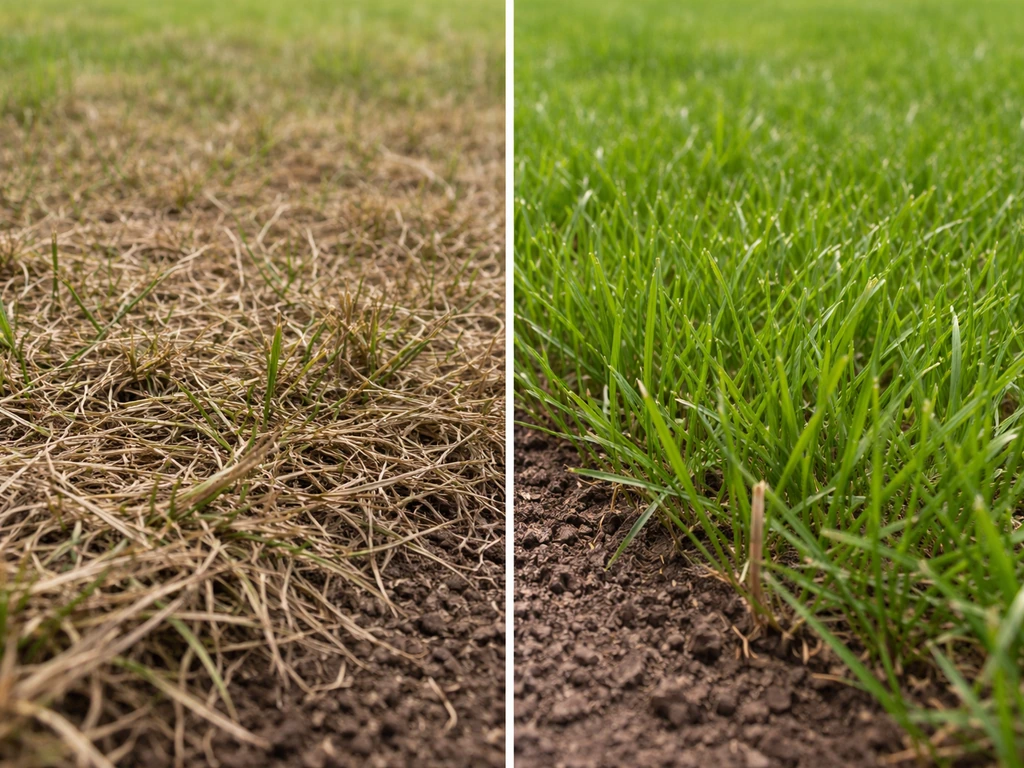 Split view of lawn edge: thick dead thatch with sparse grass on one side, fresh green new growth on the other.