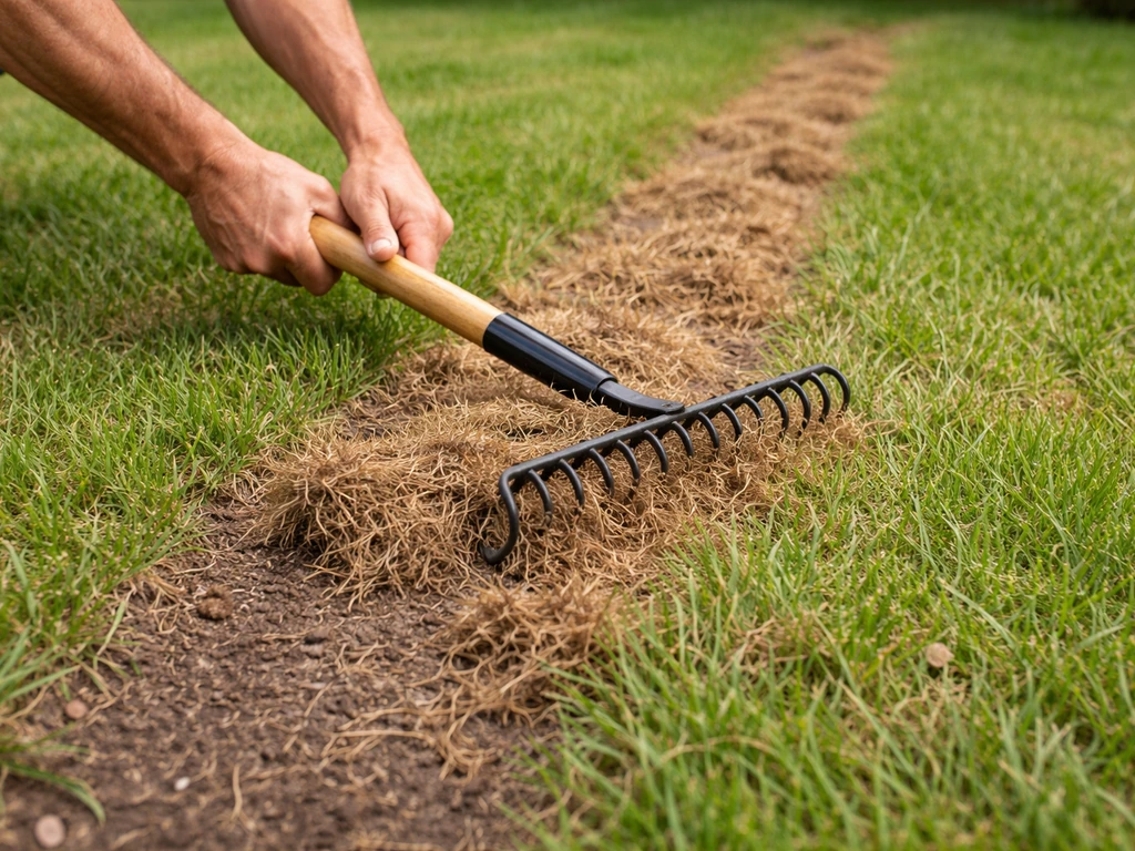 A dethatching rake lifts dead thatch from a lawn while green grass remains intact