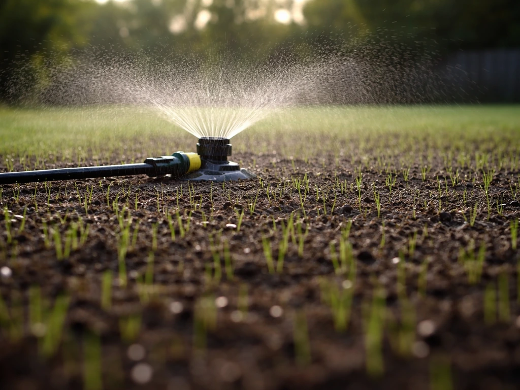 Oscillating sprinkler lightly watering a freshly seeded lawn without runoff
