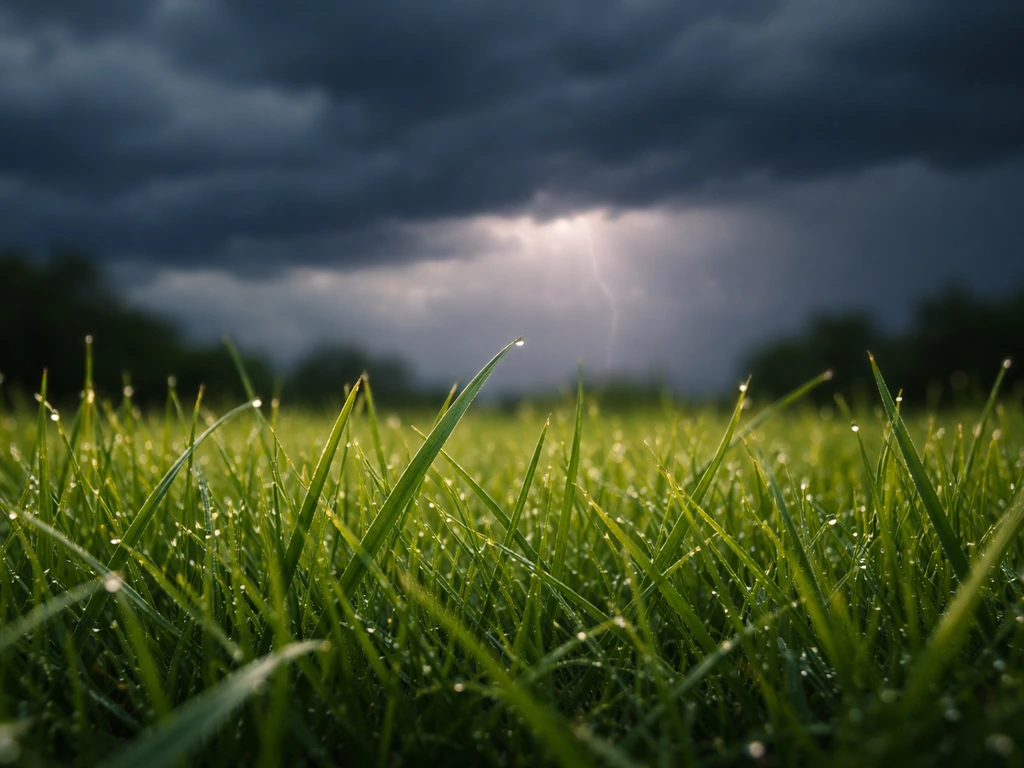 Healthy green grass in sharp focus with dark storm clouds and a subtle lightning glow in the distance