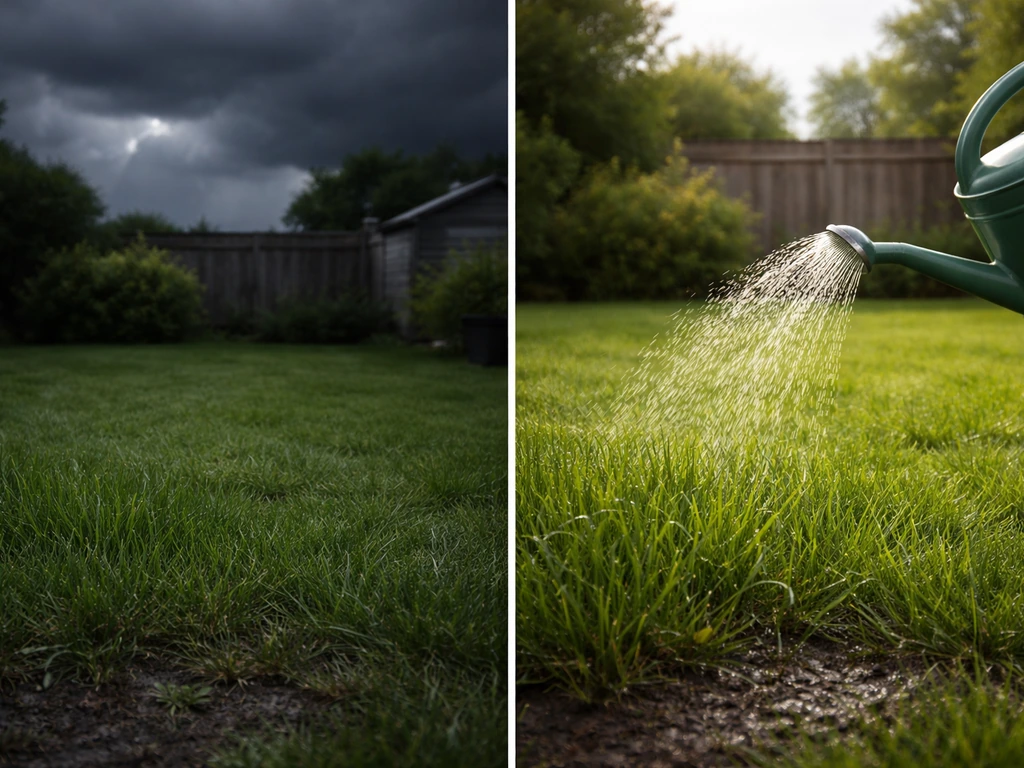 Minimal home lawn scene with a glowing lightning-like sky and separately a watering can, suggesting lightning won’t spee