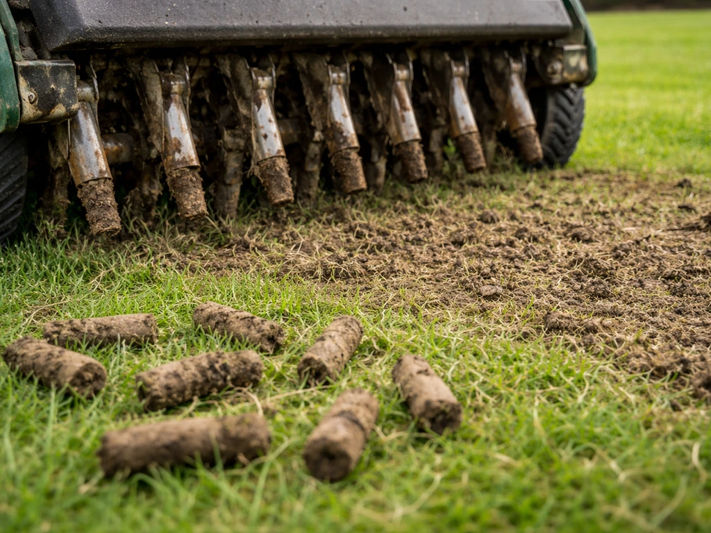 Core aerator pulling plugs from compacted lawn turf, with removed soil cores visible on the ground.