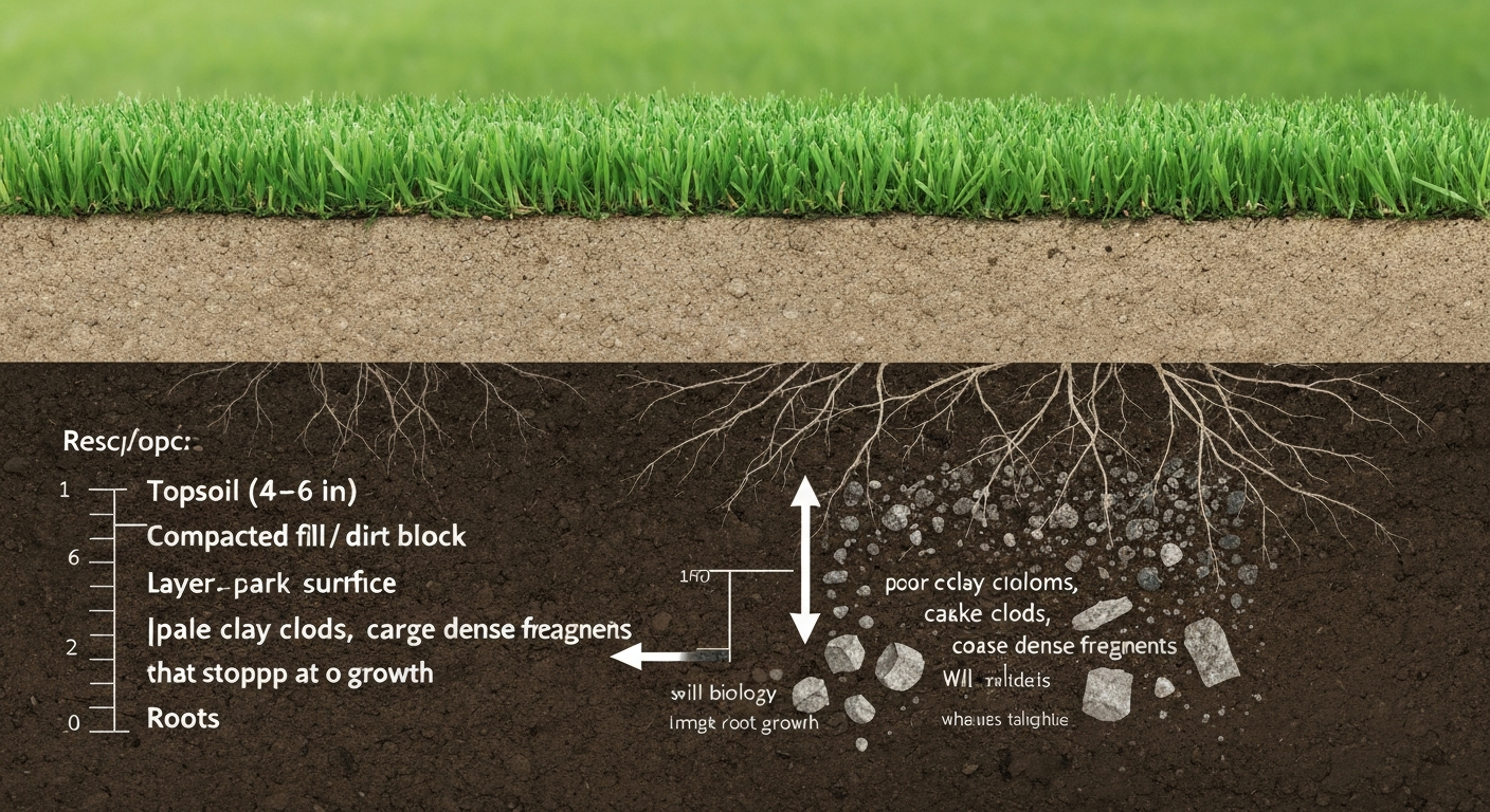 Cutaway illustration of a lawn showing topsoil over a compacted dirt block layer with roots stopping at the fill.
