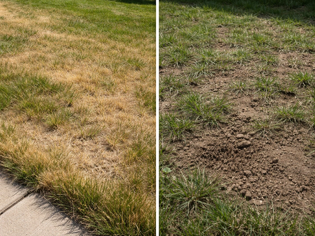 Split-view yard showing dry sun-burned patch, compacted soil, and a thin failed lawn area.