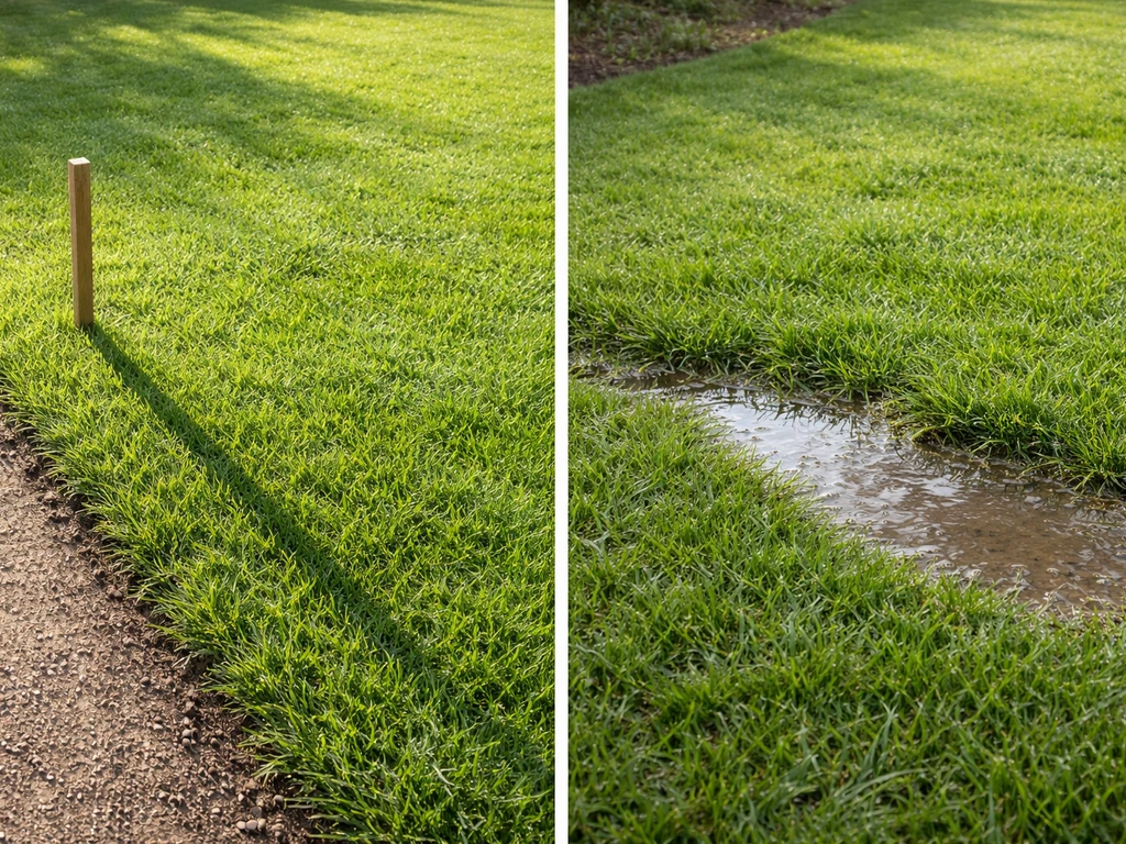 Minimal turf patch tests: shadow indicating sun exposure on the left, pooling vs soaking drainage on the right.