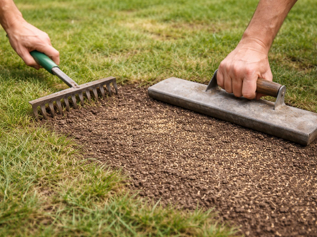Hands raking soil in a thin lawn, then pressing grass seed into the soil for seed-to-soil contact.