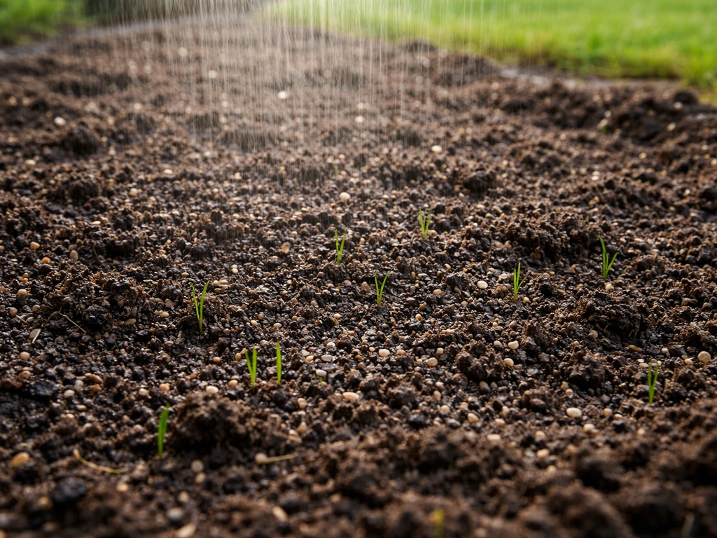 Light sprinkler mist gently wetting freshly seeded soil with no pooling, helping seedlings establish.
