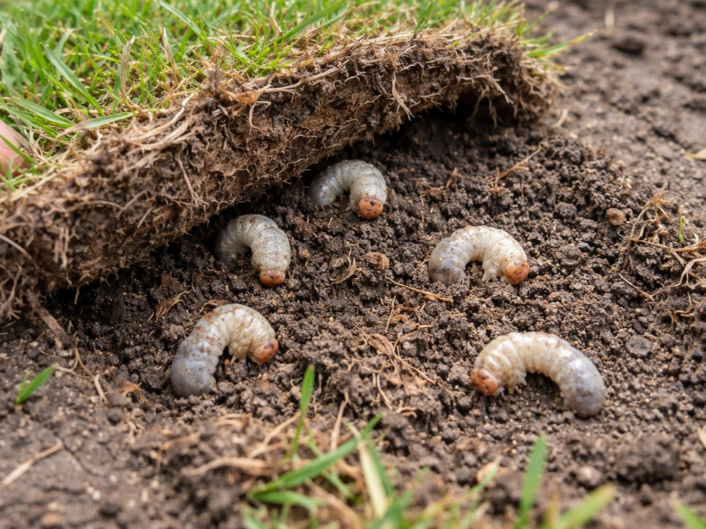 Close-up of lifted dead turf revealing chewed roots and small white grubs in soil.