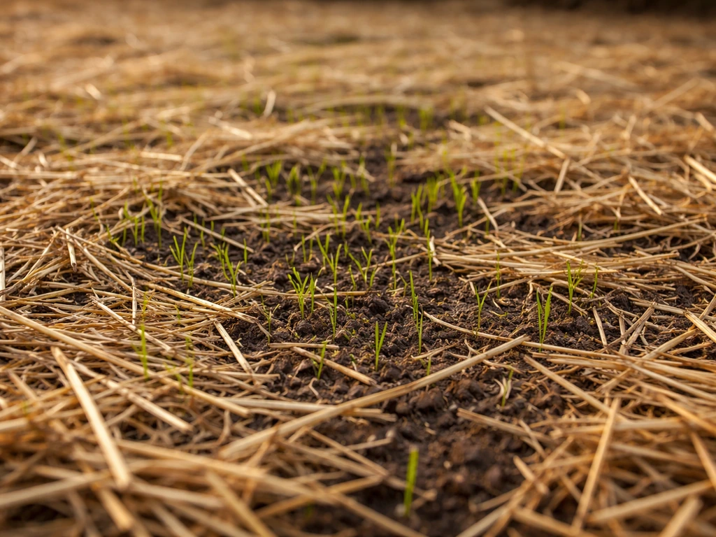 Freshly seeded soil bed covered with straw, with small grass seedlings peeking through.