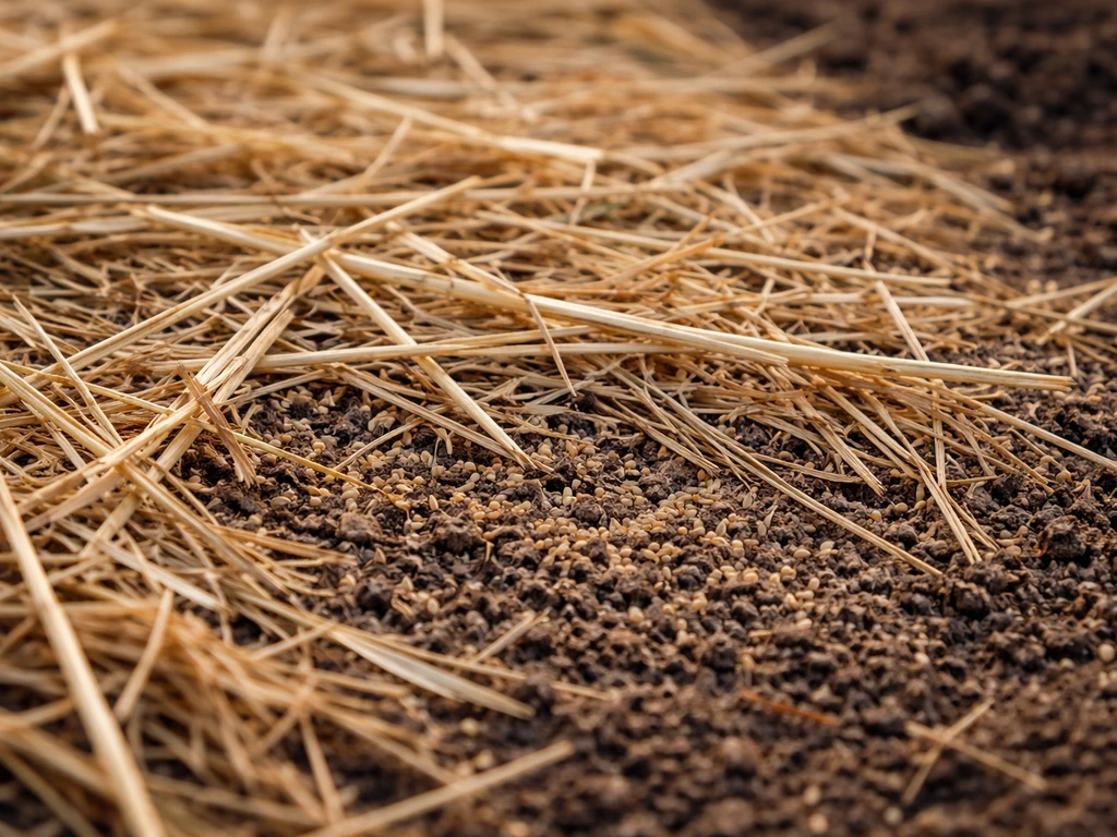 Dry straw covers grass seeds on prepared soil, showing a sheltered seed zone and gentle protection layer.