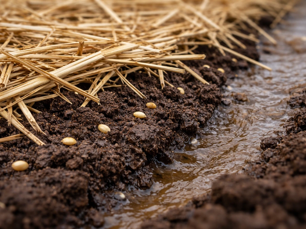 Cross-section view of seeds touching soil beneath straw mulch while runoff is slowed.