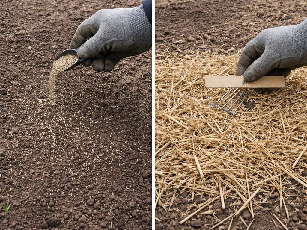 Close-up of grass seed spread on soil, then thin straw layer added; hand using a small scoop for light coverage.