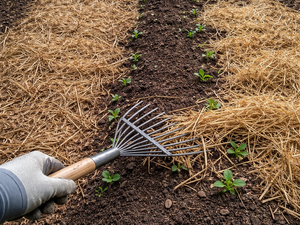 Hand using leaf rake to gently lift matted straw that’s blocking seedlings in a garden bed.