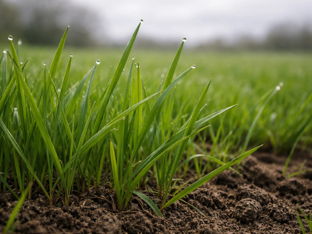 Lush green grass filling the frame under a soft overcast sky, showing growth even on cloudy days.