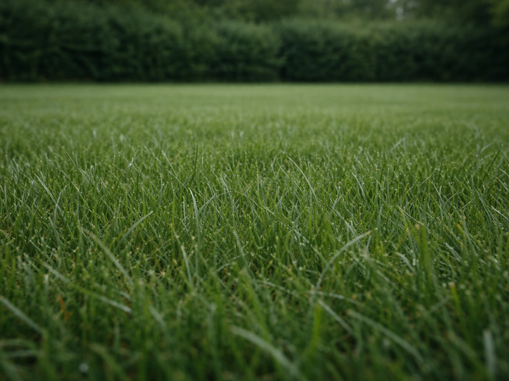 Overcast lawn photo showing diffuse light and soft shadows on green grass blades.