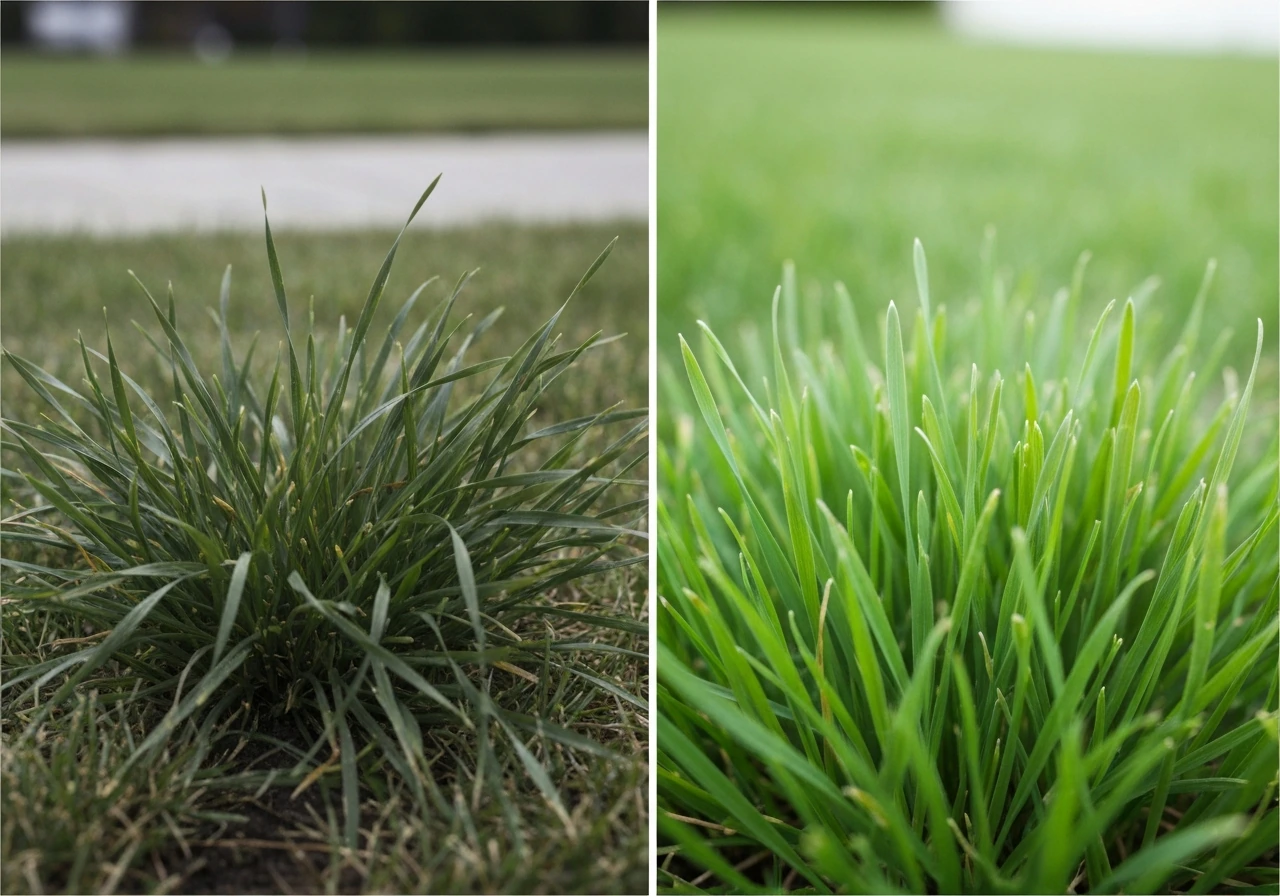 Close-up split view of cool-season grass blades under overcast vs brighter diffuse light showing different vigor.