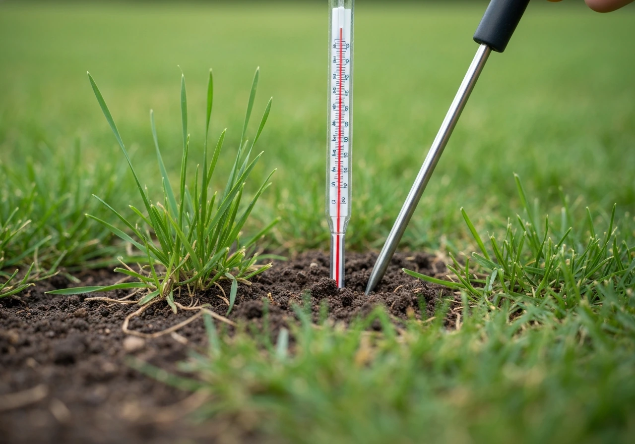 Soil thermometer inserted into cool-season lawn turf with grass blades in soft focus nearby.