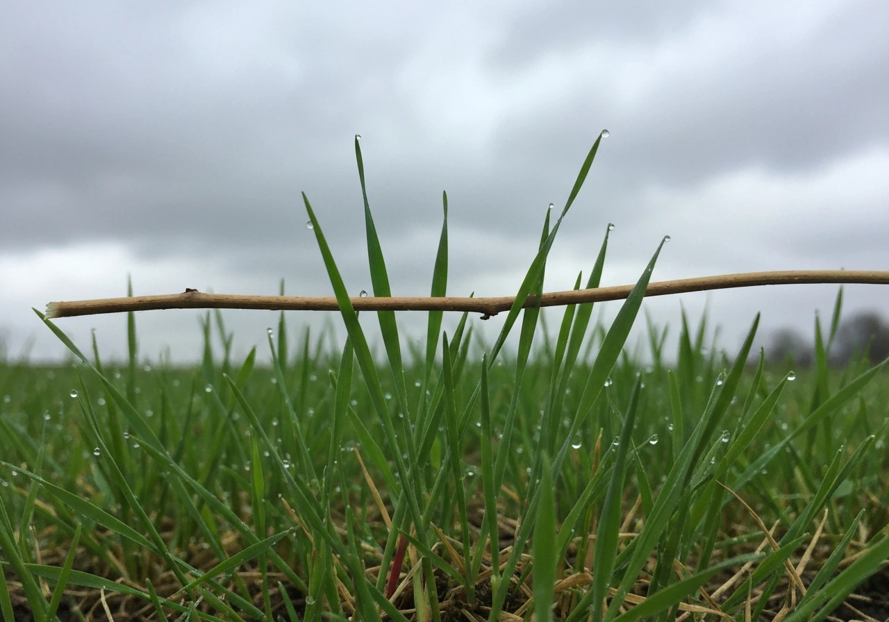 Close-up of grass blades under cloudy daylight with tips extending above a natural marker twig.