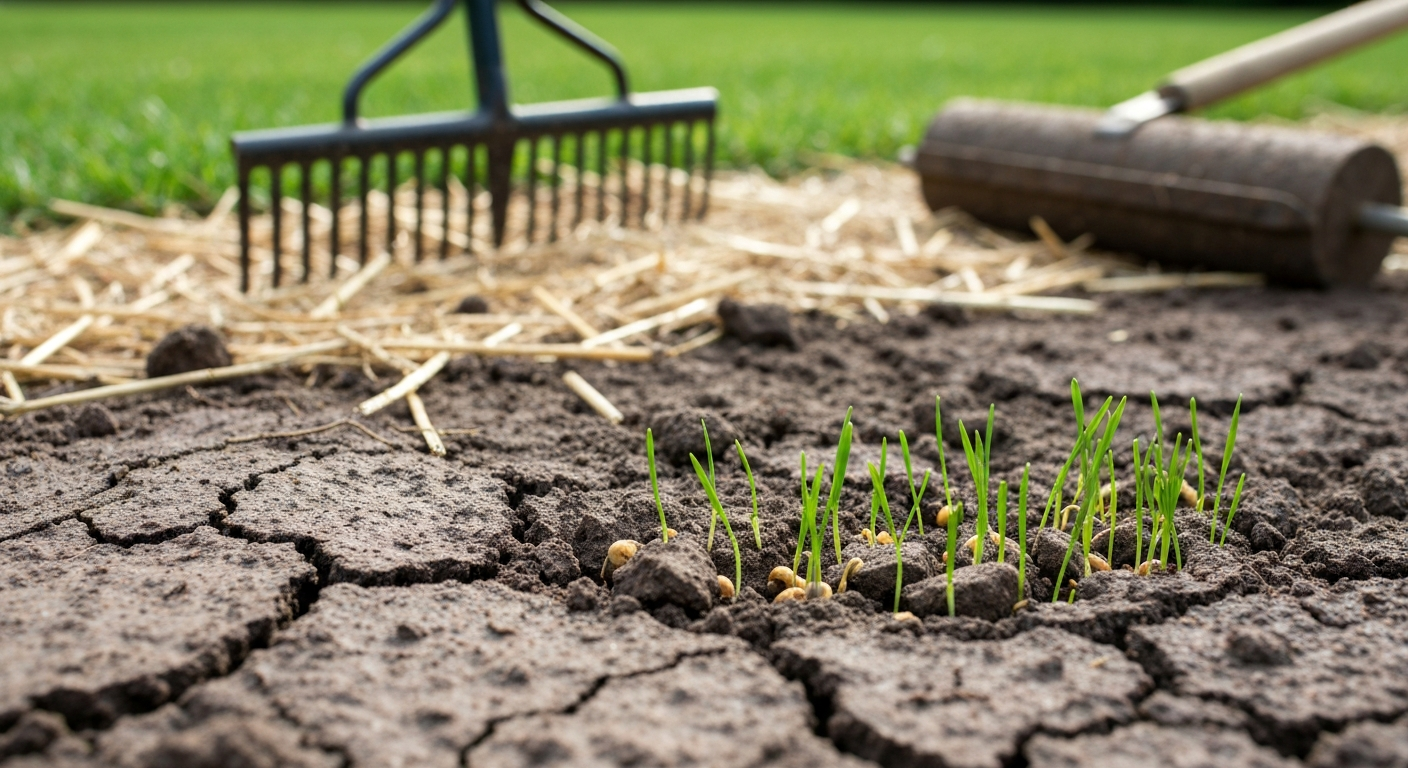 Rye seedlings pushing up through compacted clay soil with surface crust, straw mulch and a rake in the background.