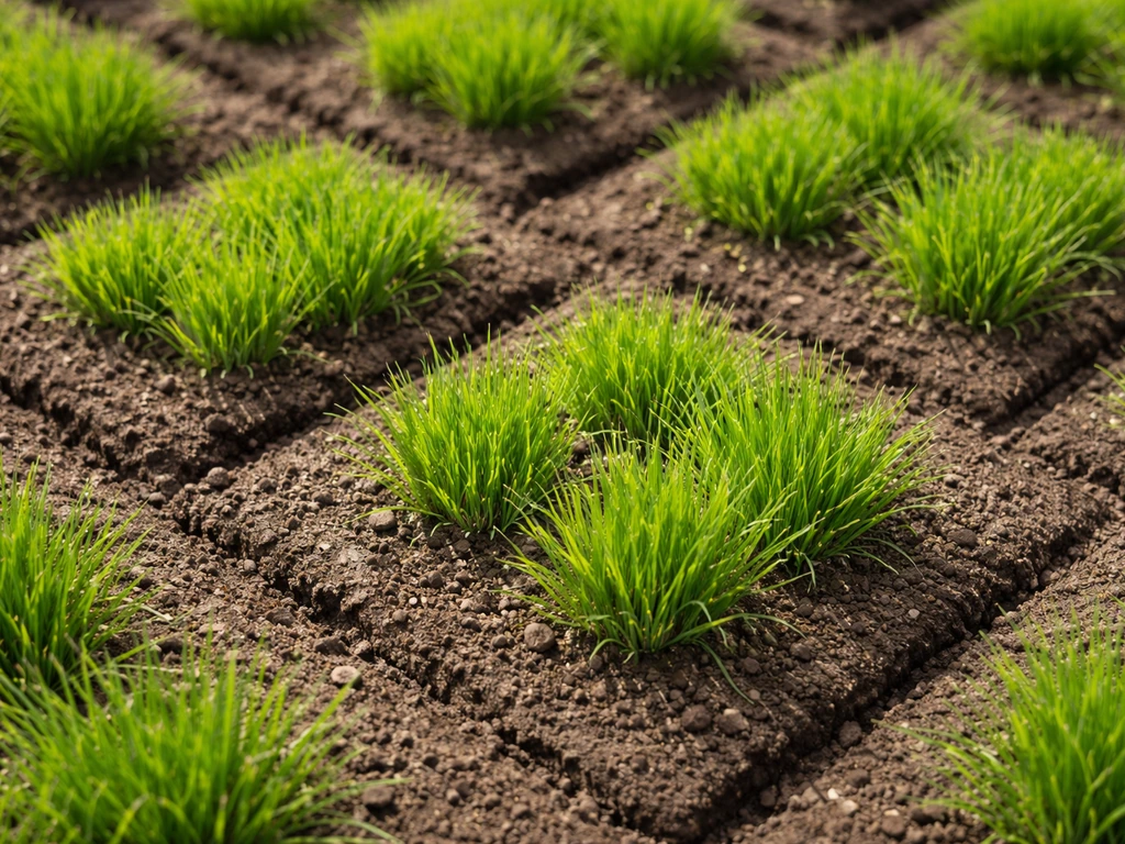 Close-up of spring grass tufts sprouting from existing soil tiles with clear tile boundaries.