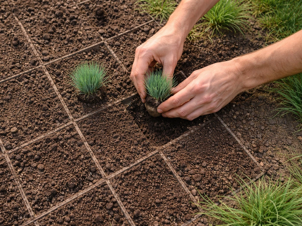 Hands placing blue grass starter plugs onto tillable farm soil tiles for fast lawn regrowth.