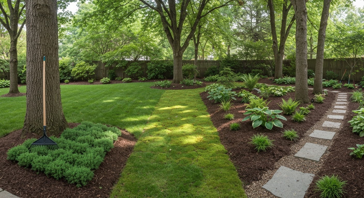 Shady backyard under mature trees showing a small fescue patch, moss area, mulched planting bed with hostas, and a decomposed granite path in dappled light.