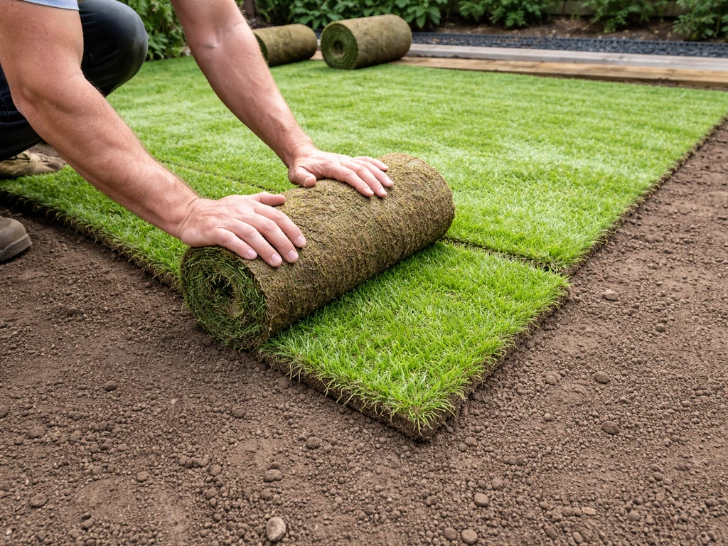 Fresh sod being laid on a prepared lawn base with soil layer over hidden drainage gravel.