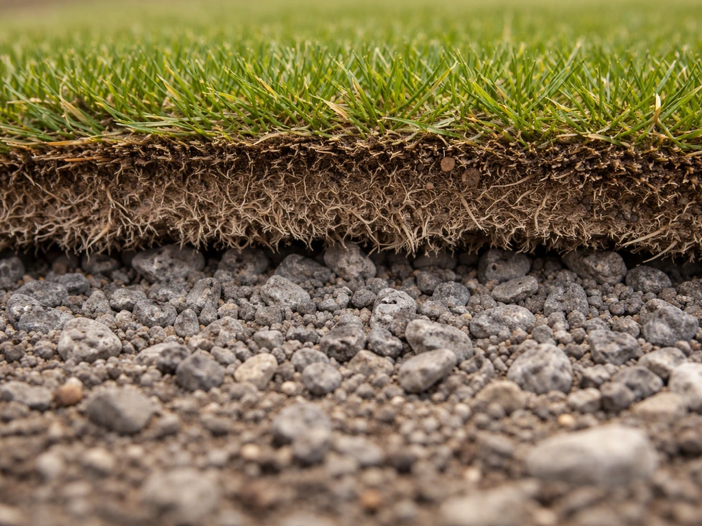 Close-up of sod roots with a thin soil layer over exposed gravel, showing insufficient depth.