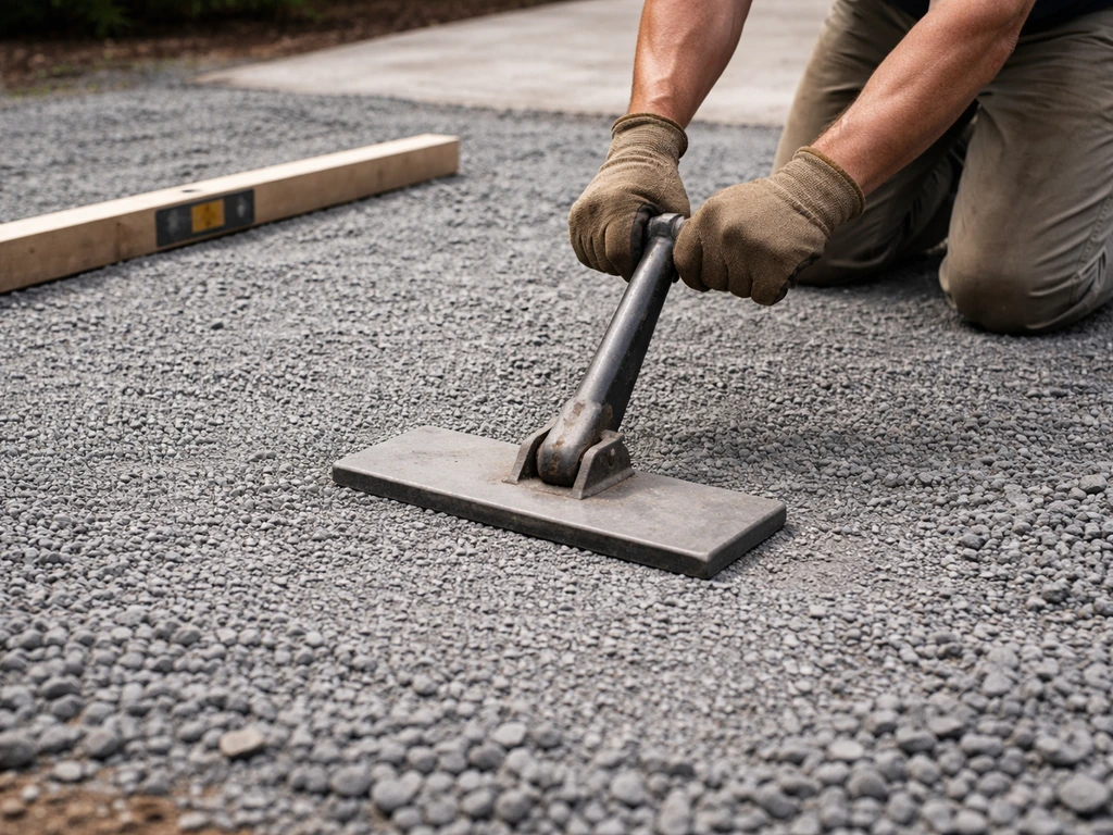 Worker compacting a smoothed gravel base with a hand tamper using a straight board level gauge