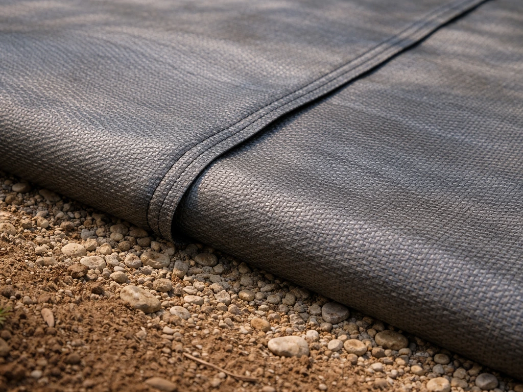 Close-up of geotextile fabric overlapped on compacted gravel before adding topsoil