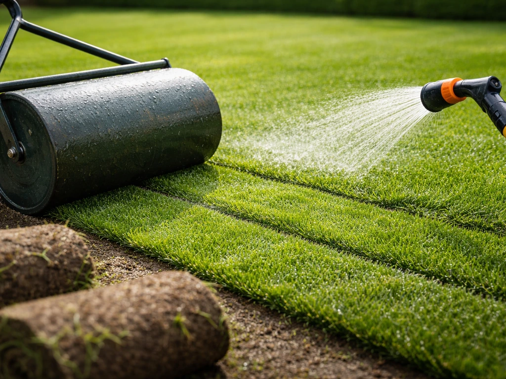 Water-filled lawn roller compresses fresh sod as water is immediately sprayed to remove air gaps.