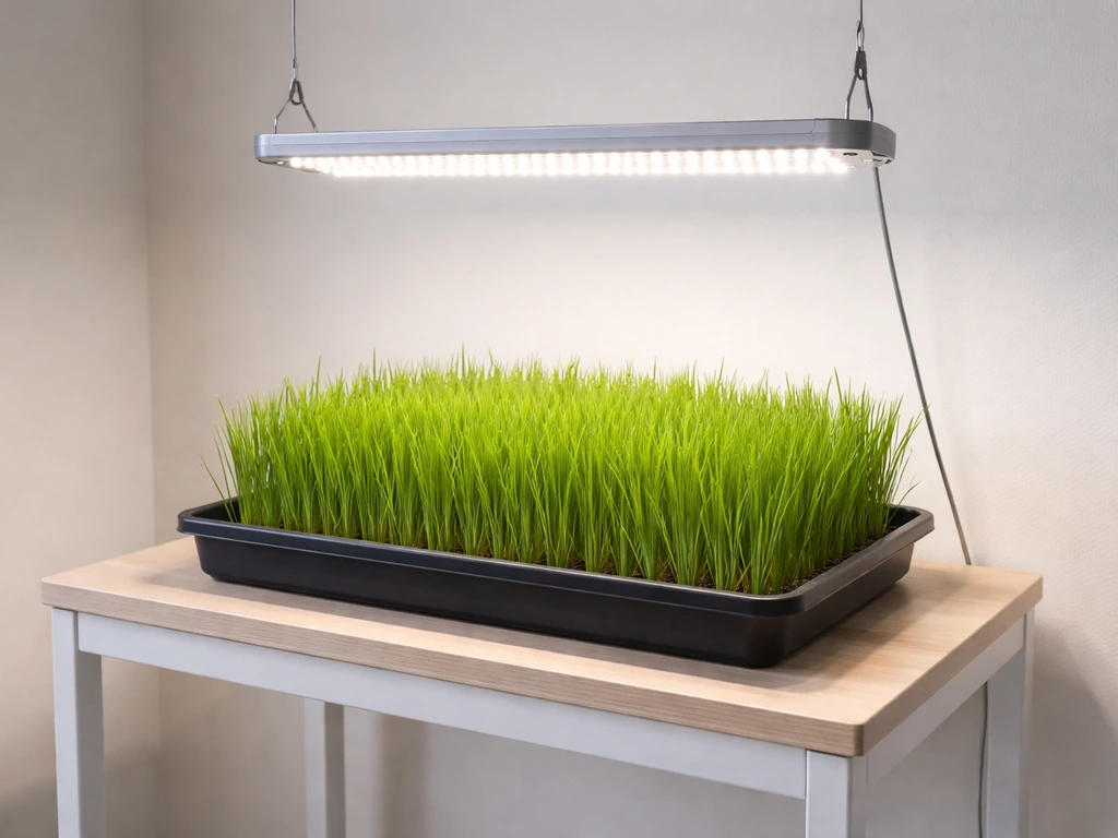 Lush green grass growing in an indoor tray under a mounted LED grow light