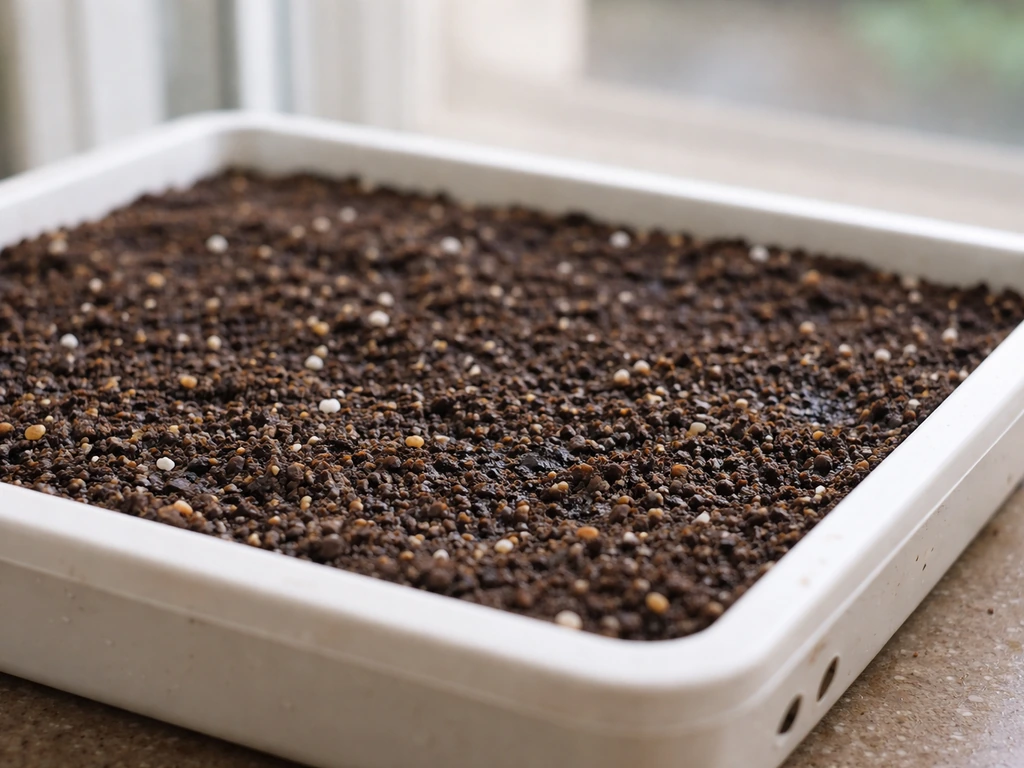 Close-up of a shallow window box with moist potting mix and no standing water, showing drainage clearly
