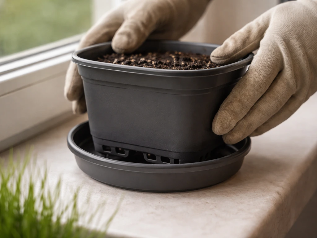 Gloved hands place a planter into a saucer, highlighting drainage holes and runoff for indoor grass.