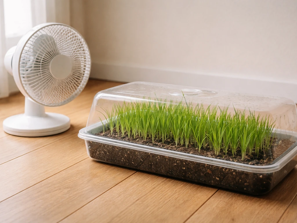 Small oscillating fan blowing across a tray of grass seedlings in an indoor setting to reduce dampness.