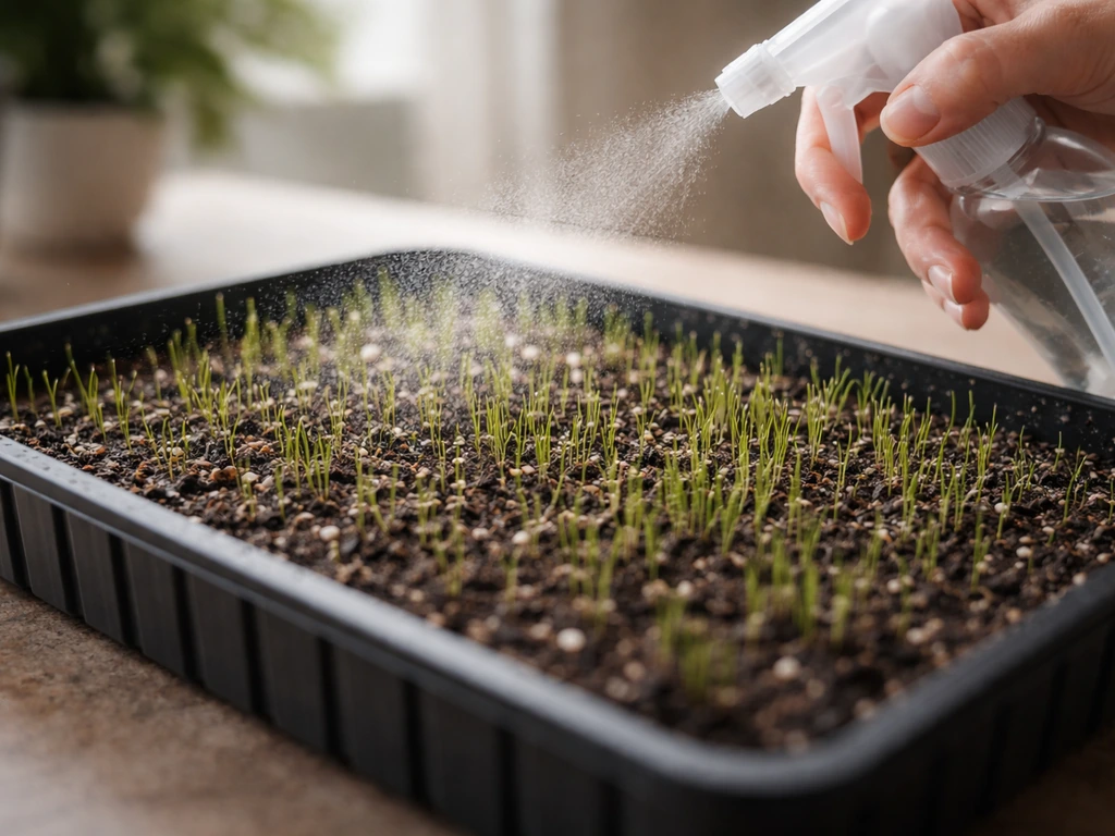 Hand misting newly seeded grass tray with a fine spray, soil lightly damp, not soaked.