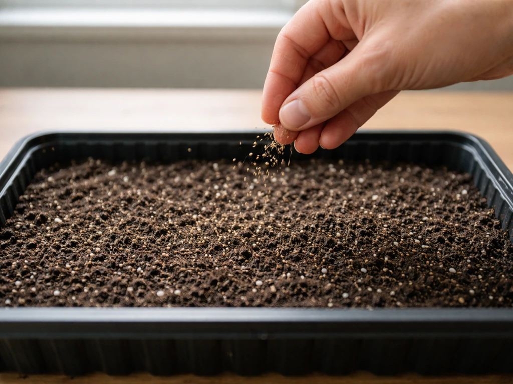 Hand evenly sowing grass seed across leveled soil in a shallow indoor tray.