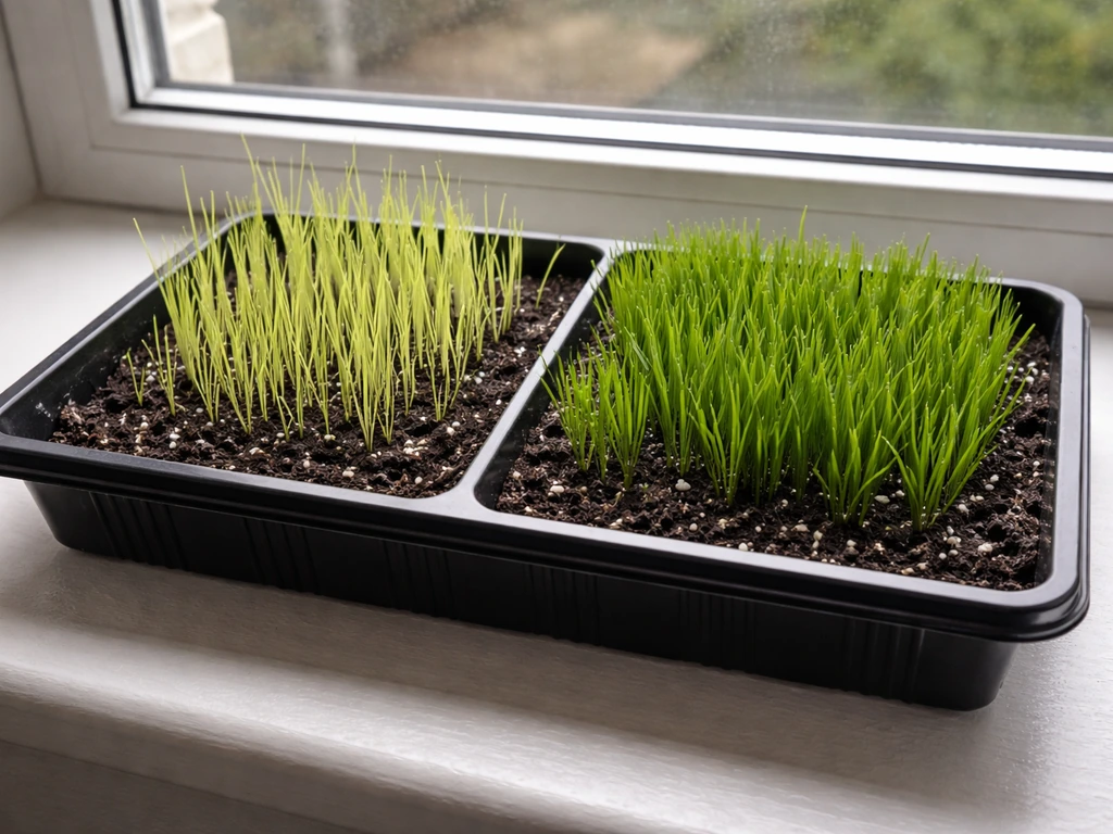 Indoor grass tray showing pale yellow-green thin, stretched growth next to darker healthier green blades.