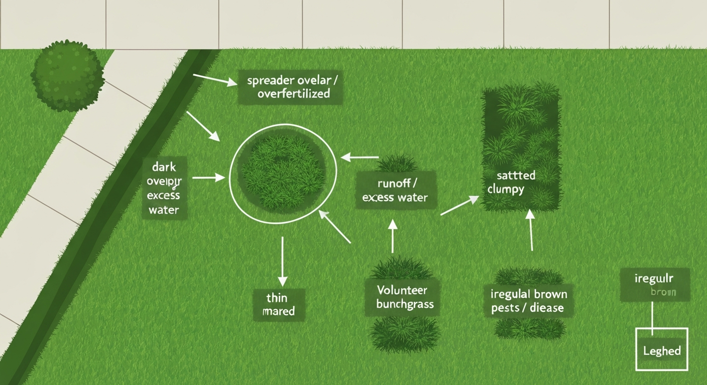 Top-down educational illustration of a lawn with labeled patches showing causes of uneven grass growth.
