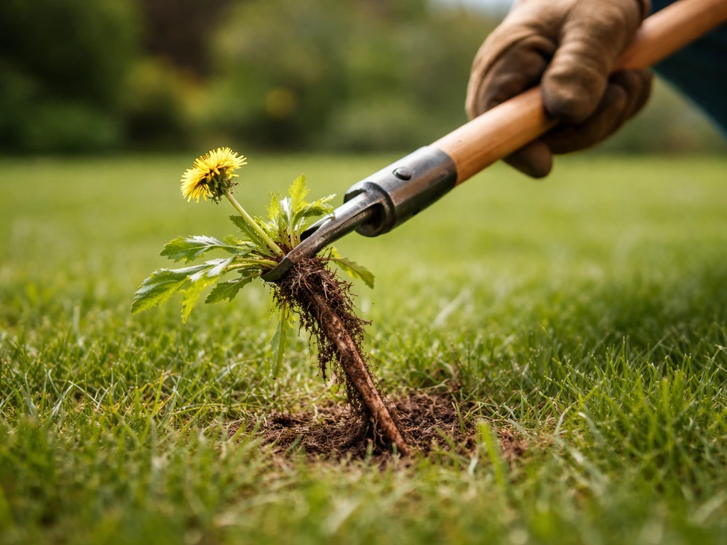 Gardener pulling a single dandelion from lawn with a long-handled weeding tool to expose the taproot.